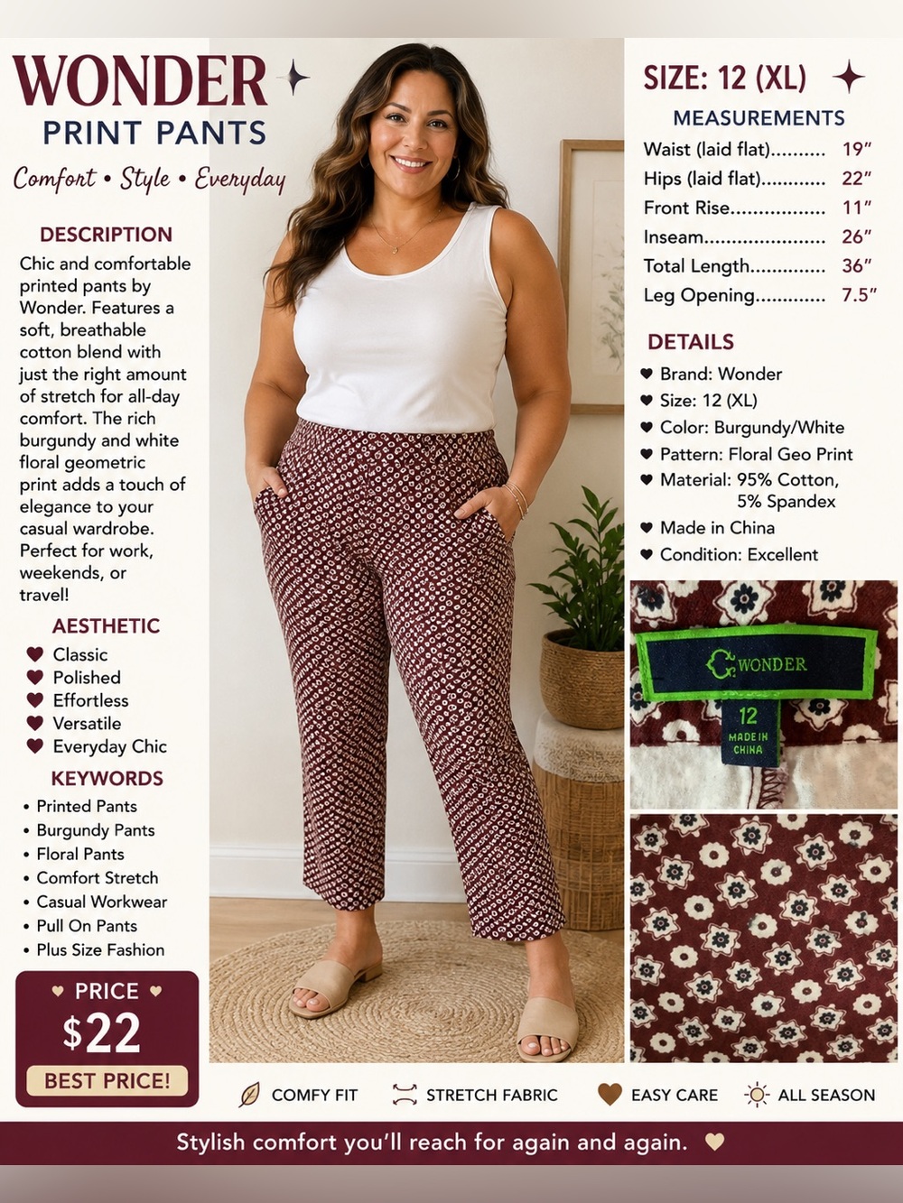 C. Wonder Burgundy and White Floral Slim Pants